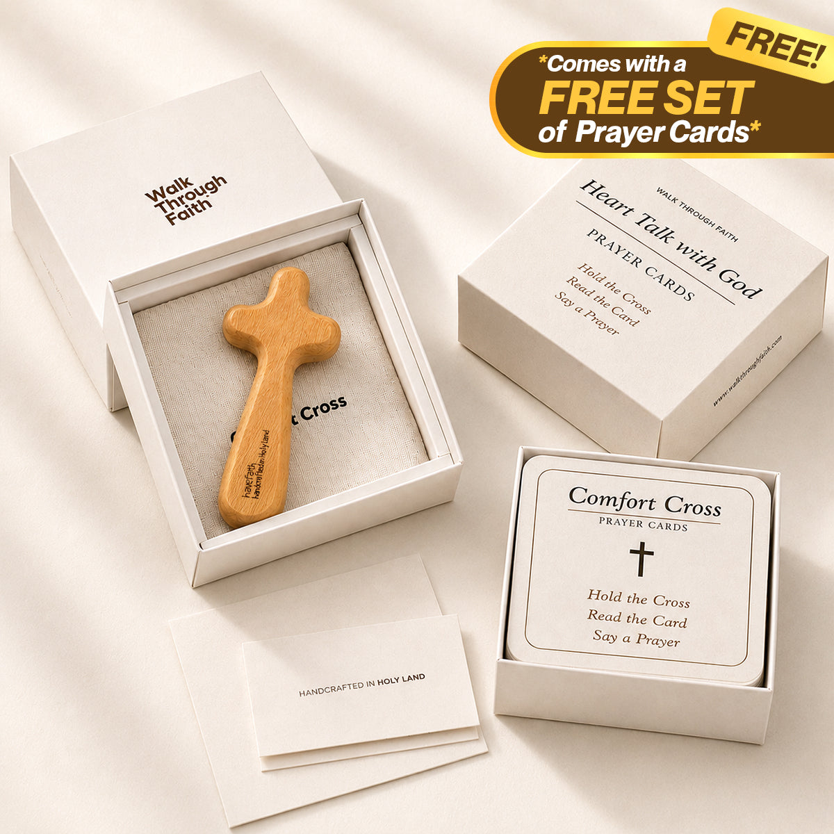 COMFORT CROSS MADE IN HOLY LAND + FREE HEART TALK WITH GOD PRAYER CARDS